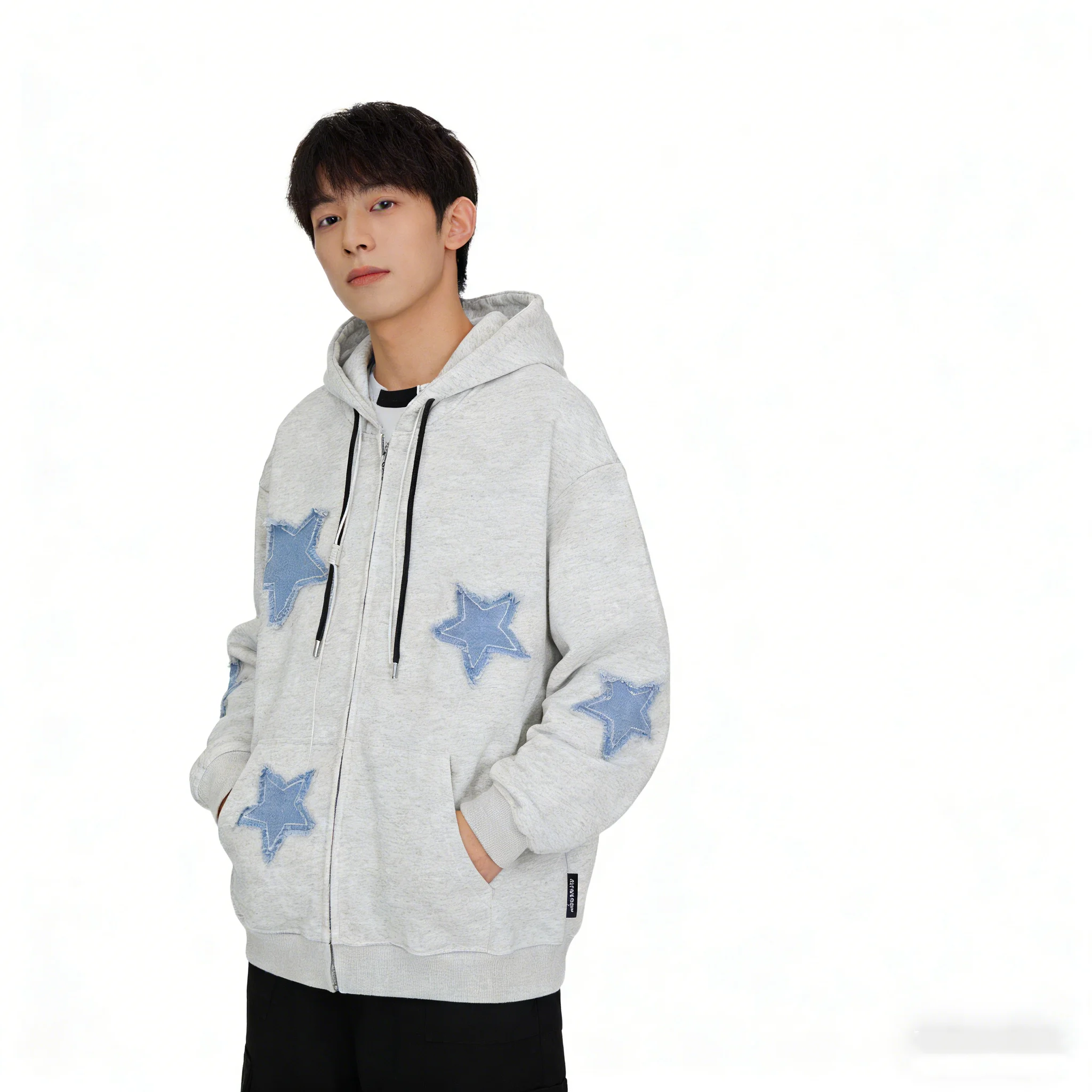 

2025 European and American retro star sticker fabric hooded sweatshirt autumn loose casual couple cardigan jacket