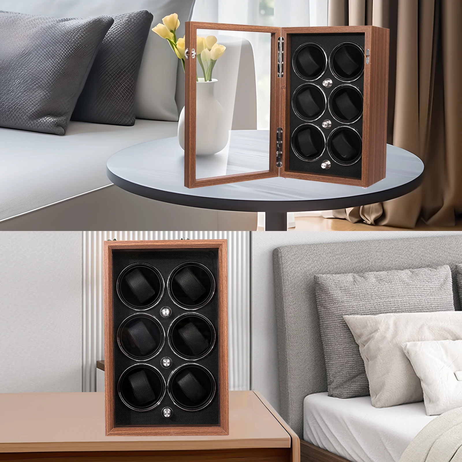 Rotating Gyro Wooden 6-Slot Automatic Safe Watch Winder Box MDF Core Custom Logo Model X6 Wood