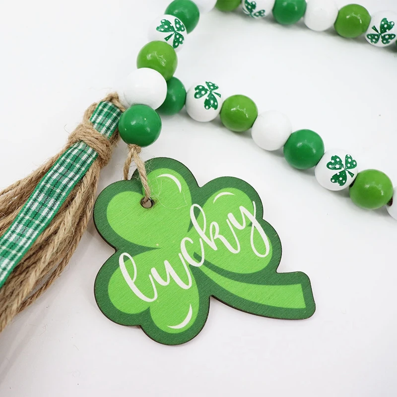 St. Patrick's Day Holzperlengirlanden mit Quaste, irisches Kleeblatt, Holzperlengirlande mit rustikalem Bauernhausschild aus Holz