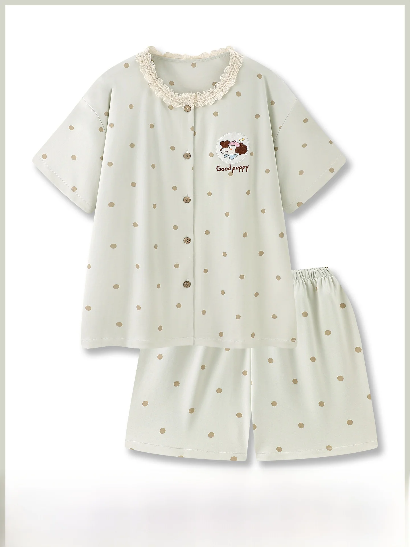 スイートリトルドッグ-レディース-夏用パジャマ-半袖-ホームウェア-アウトドアウェアセット-かわいい漫画風-天然コットン