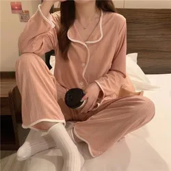 Women's Ins Style Korean Version of Simple Solid Color Long-sleeved Pajamas Home Wear   Ms. Pit Stripes Milk Silk Loose Girl Set