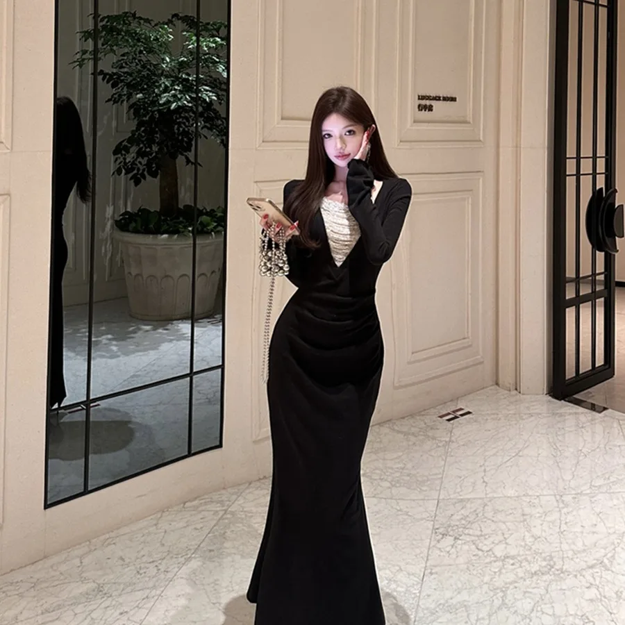 خريف شتاء ريترو مثير عميق الخامس Ne لصق طويل Sve مطوي الخصر في ذيل فاي الدكتور تنورة طويلة المرأة عالية الخصر تخفيف Sle