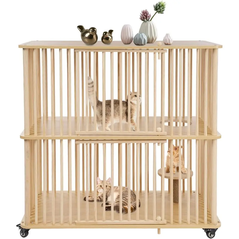 

Large Wooden Cat House, Oversized Cat Villa on Wheels Luxury Cat Condo Kitten Cages Enclosures Indoor with Scratching Posts, 44.
