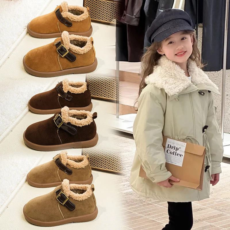 

Toddler Girls Faux Shearling Low Boots with Buckle 2025 New Winter Kids Warm-lined Leather Boots Anti-slippery Simple Daily Wear