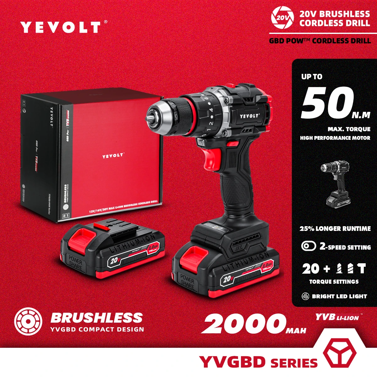 YEVOLT Brushless Electric Screwdriver 20V Drill Cordless Impact Drill Handheld 2Ah*2 Power Tool-YVGBD20DU3PRODP