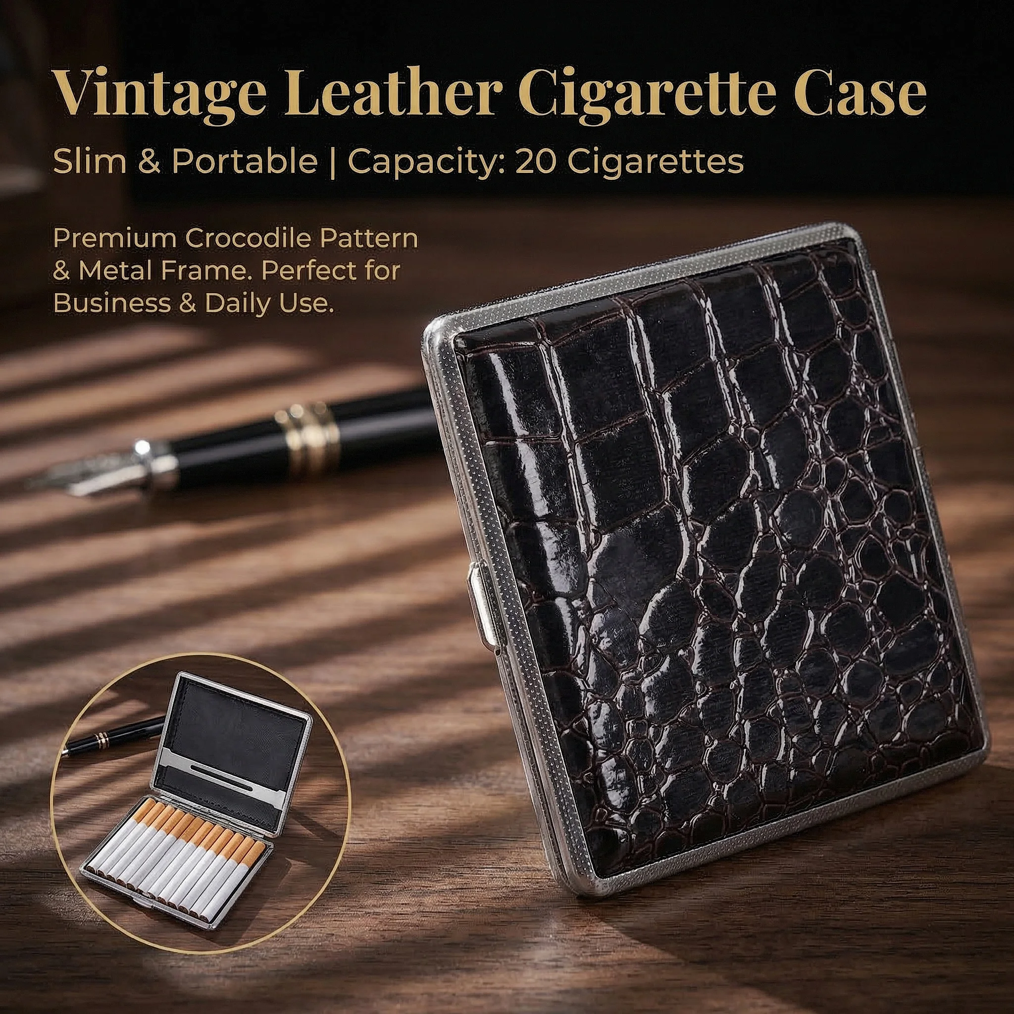Crocodile Pattern Leather Cigarette Case, 20 Capacity for 8.0mm Cigarettes Metal Frame Slim Portable Cigarette Holder for Men