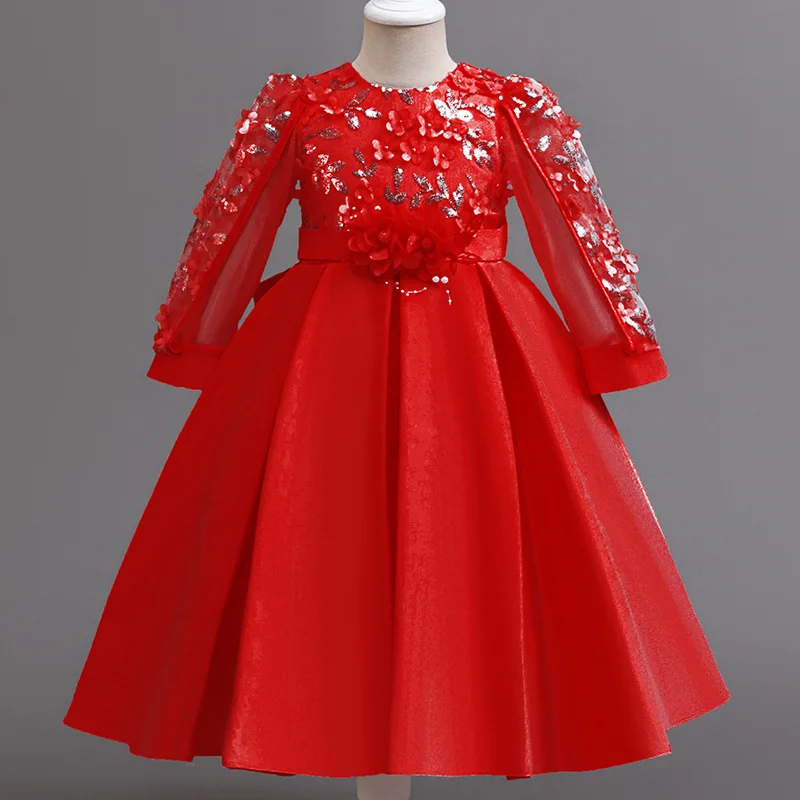 Long Sleeve Children Girls Formal Dress Festive Girl Dresses Ceremony White Clothes Girls' Clothing 5-12 Years