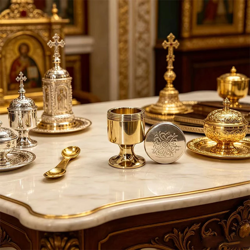 New 2026 Orthodox Travel Chalice with Spoon Mini Gold Silver Metal Holy Oil Jar Portable Communion Set Christian Religious Gift