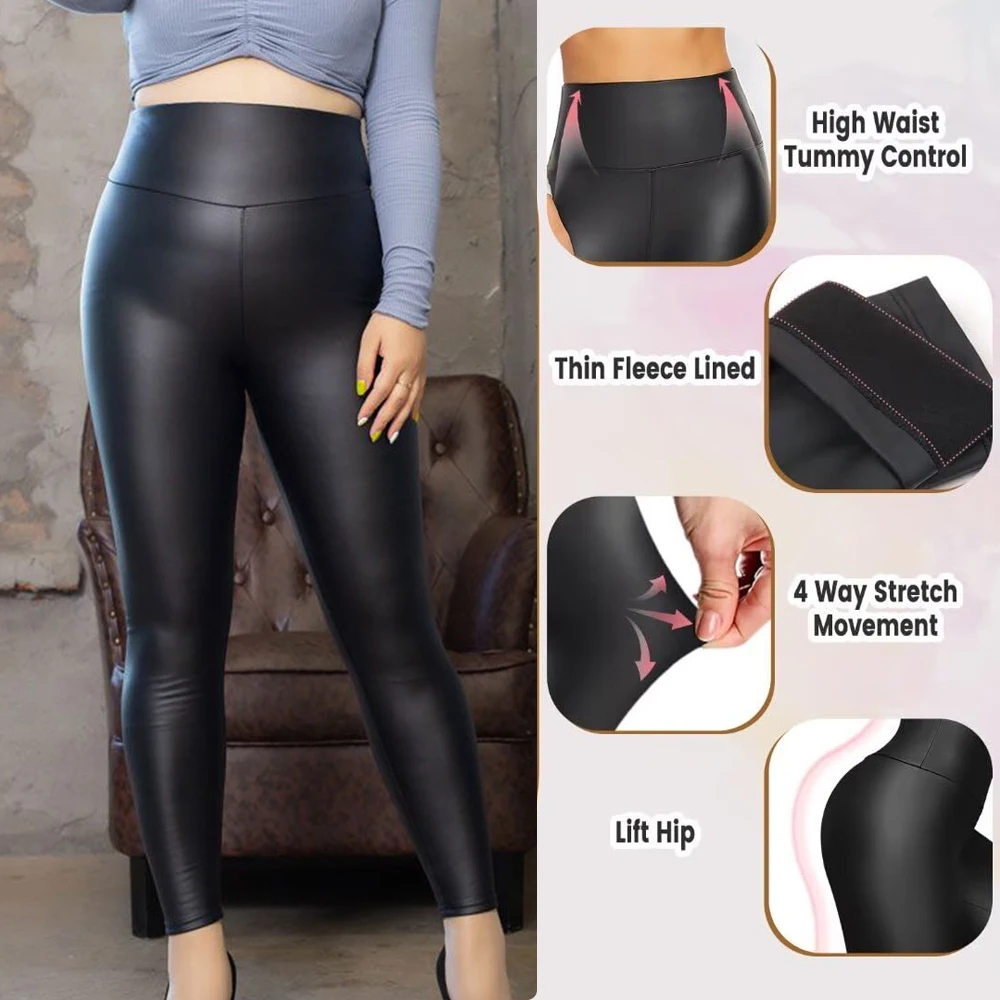 Women\'s Faux Leather Leggings Pants PU Elastic Shaping Hip Push Up Black Sexy Curvy Stretchy High Waisted Tights with Zipper