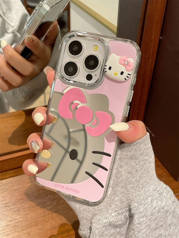 Luxury Cute Hello Kitty Glitter Bow Diamond KT Make Up Mirror Phone Case For iPhone 13 14 15 16 Pro Max Pink Kitty Protect Cover