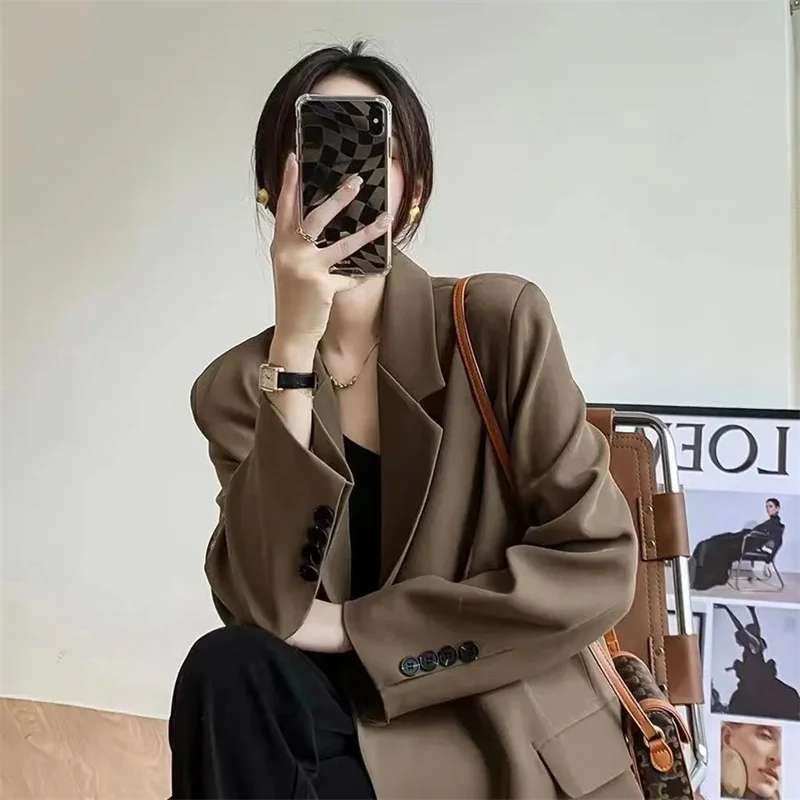 Blazers Vintage para mujer, chaquetas holgadas de manga larga con muescas y un solo pecho para oficina, novedad de otoño 2025