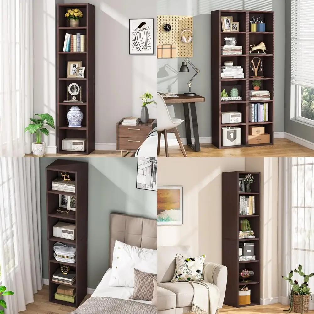 خزانة كتب ريفية طويلة ضيقة مقاس 70.9 بوصة مع أرفف تخزين من 6 طبقات للمكتب المنزلي والعرض، منظم مكعب الزاوية