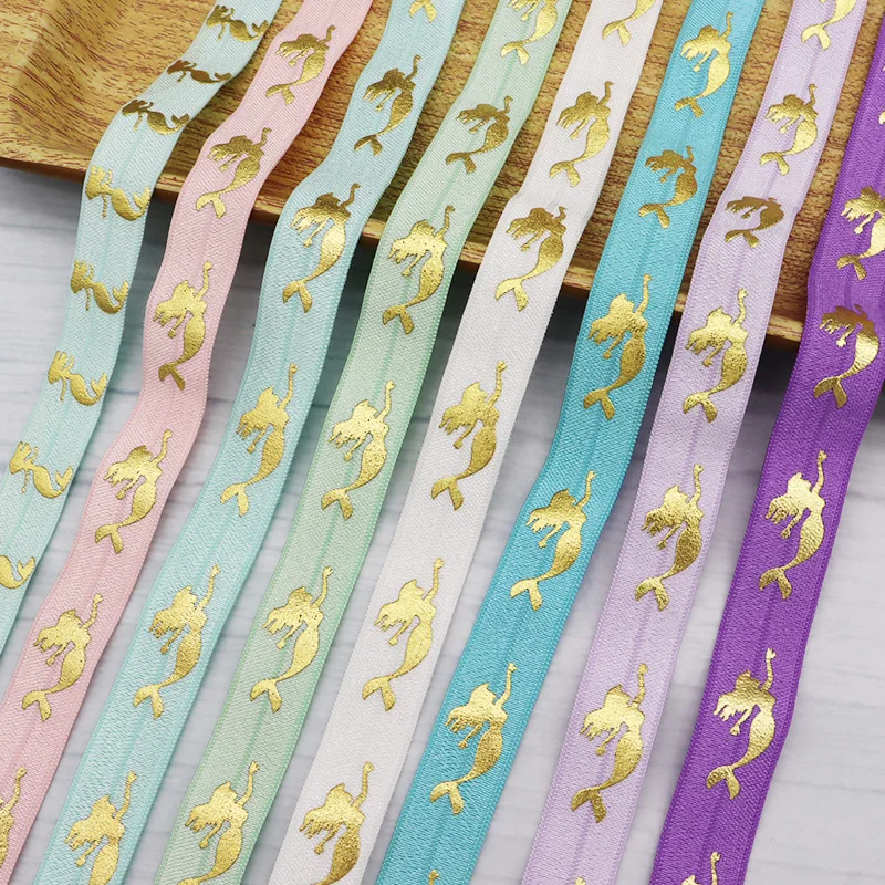 

5/8" 15MM Gold Foil Mermaid Printed Fold Over Elastic Band FOE Ribbon For Knot Hair Ties Hairband DIY Sewing Accessories