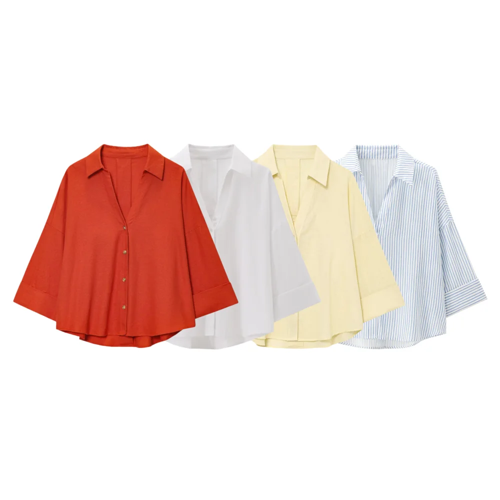 

MYST&ZA2025 autumn new products women's clothing solid color commuting versatile loose linen blended wide sleeve shirt top