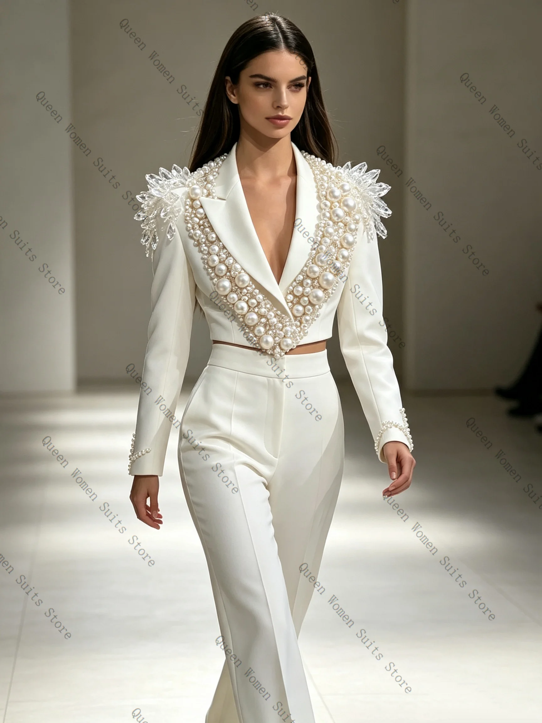Pearls Formal Luxury Women Suit Set 2 Pcs Short Blazer Pants Business Office Lady Cotton Jacket Wedding Coat Customized