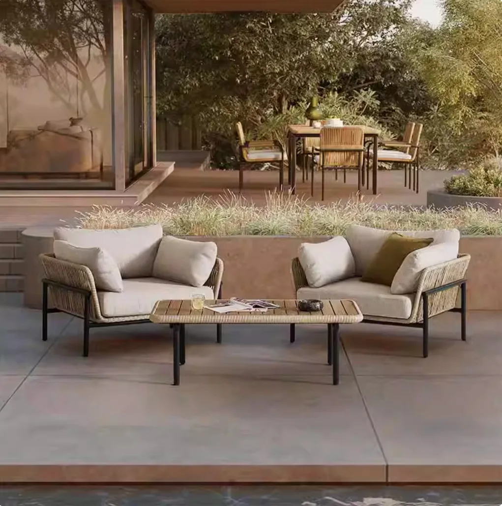 Outdoor sofa courtyard open-air sunscreen waterproof leisure balcony outdoor tea table three-person rattan furniture homestay