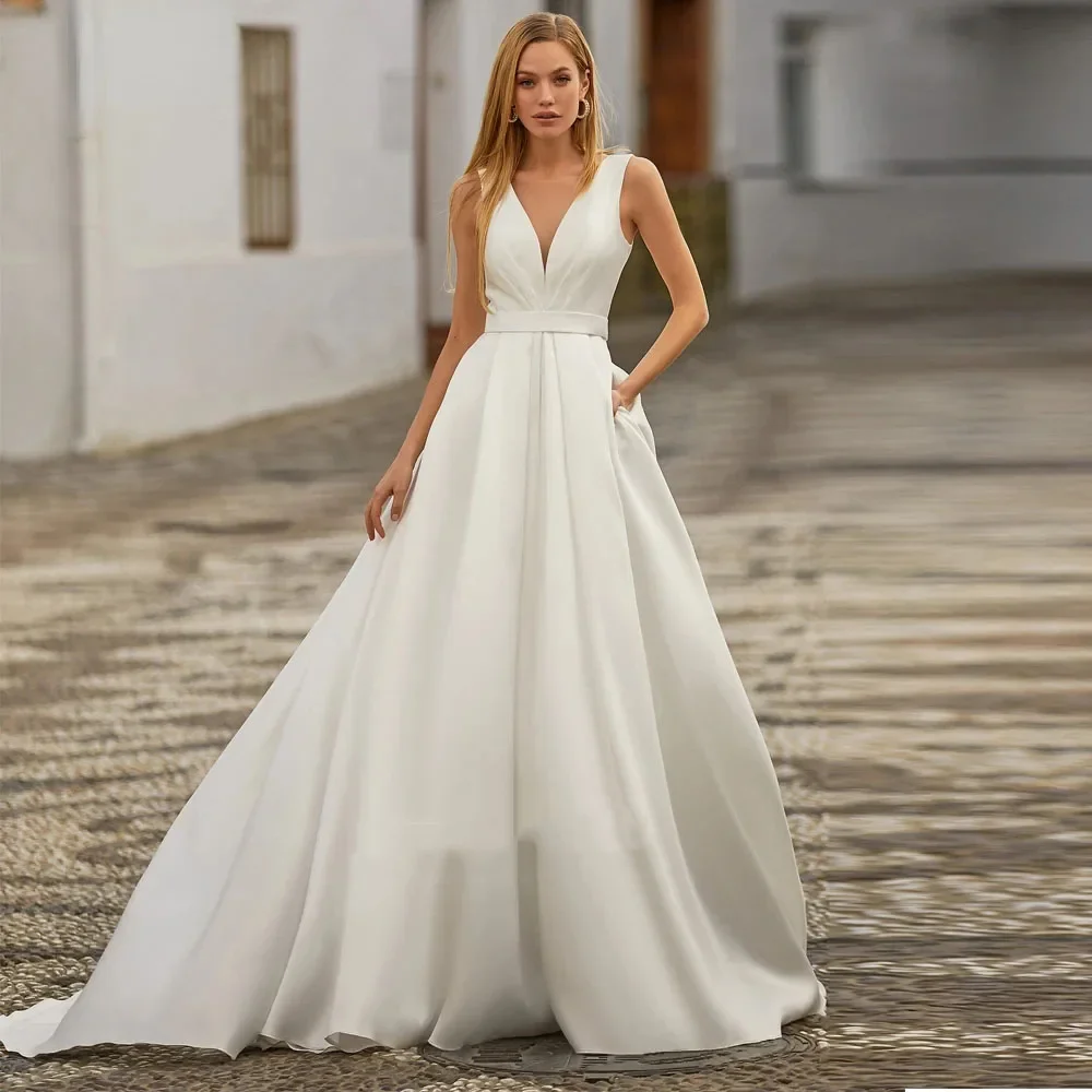 

Flavinke Vestido de novia 2024 Deep V Neck Wedding Dresses Sleeveless Pleat Satin Sweep Train Long Bridal Gown فساتين سهرات