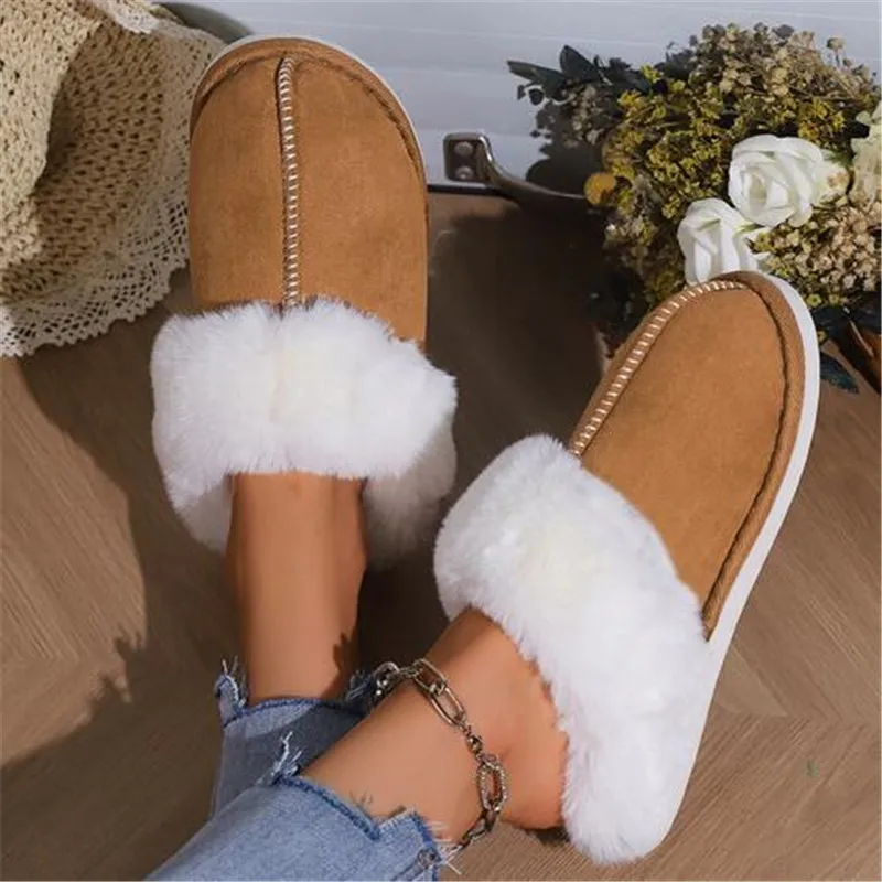 

2023 Winter Warm Home Fur Slippers Women Luxury Faux Suede Plush Couple Cotton Shoes Indoor Bedroom Flat Heels Fluffy Slippers