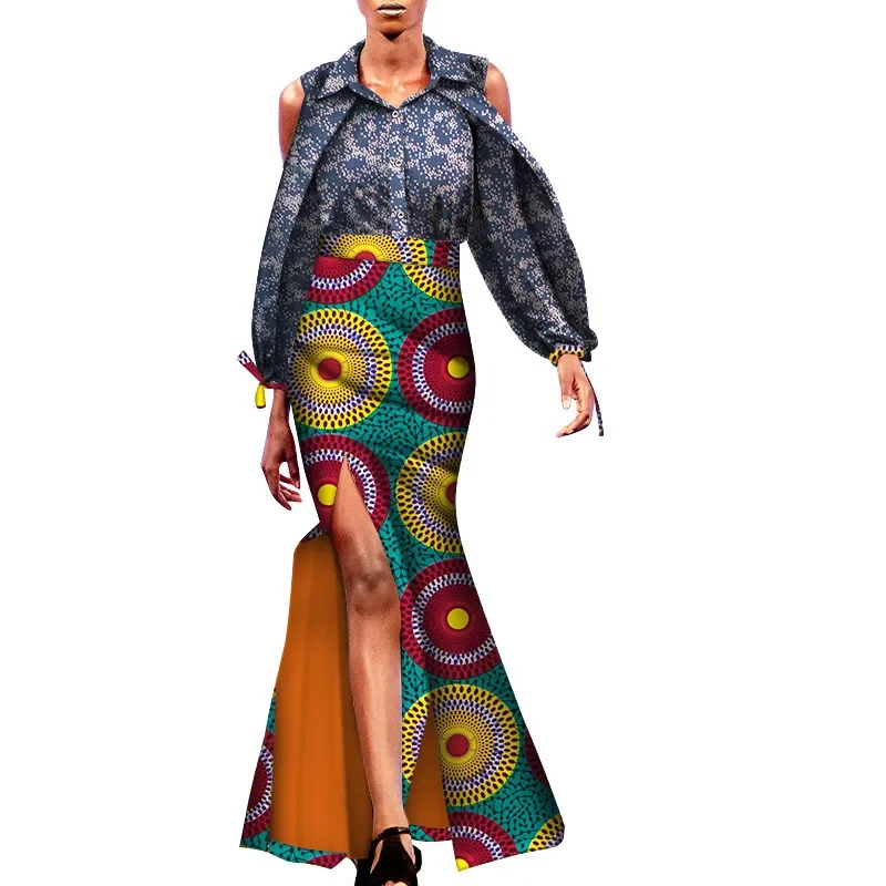 

2 Piece Set African Clothes for Women Fashion African Women Long Split Skirts and Blouse Tops Lady Elegant Outfits Bazin WY7431