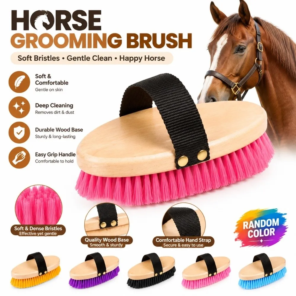Random Color Horse Grooming Brush Lightweight PP Horse Finish Brush Wood Base Humanized Handle Multifunctional Horse Brush Pets