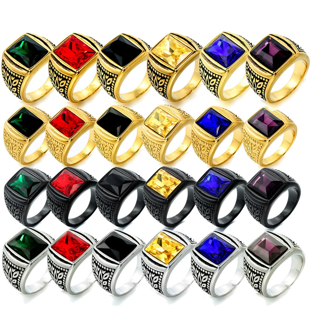 

Never Fade Punk Fashion Big Blue Black Red Stone Ring Men Women Hip Hop Pattern Stainless Steel Ring Jewelry Gifts Dropshipping