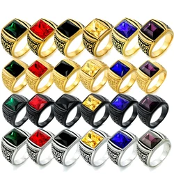 Never Fade Punk Fashion Big Blue Black Red Stone Ring Men Women Hip Hop Pattern Stainless Steel Ring Jewelry Gifts Dropshipping