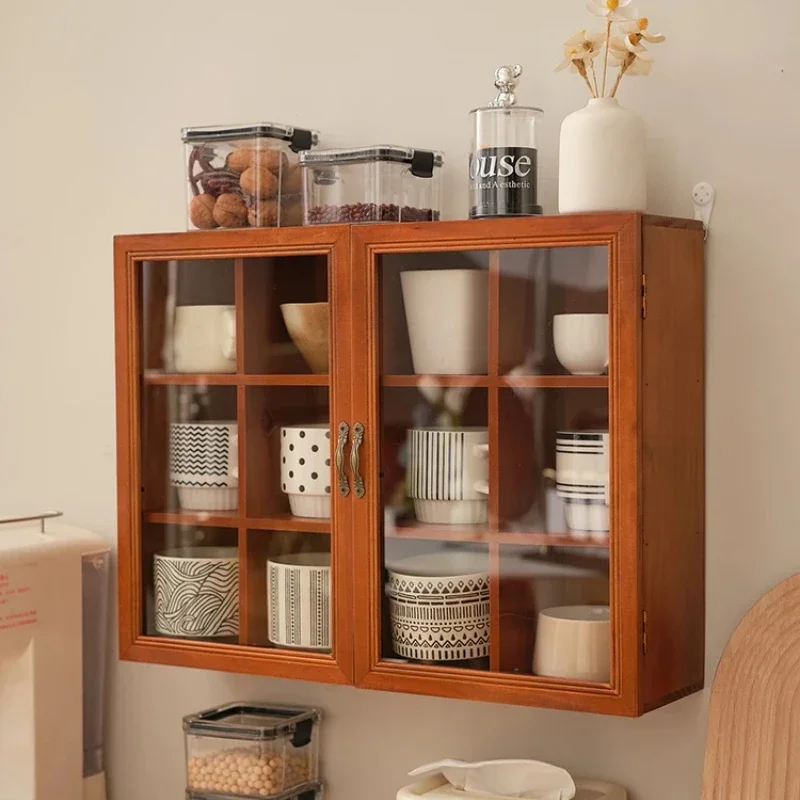 Solid Wood Vintage Tabletop Cup Storage Cabinet Home Restaurant Tea Set Storage Dustproof Mug Display Stand