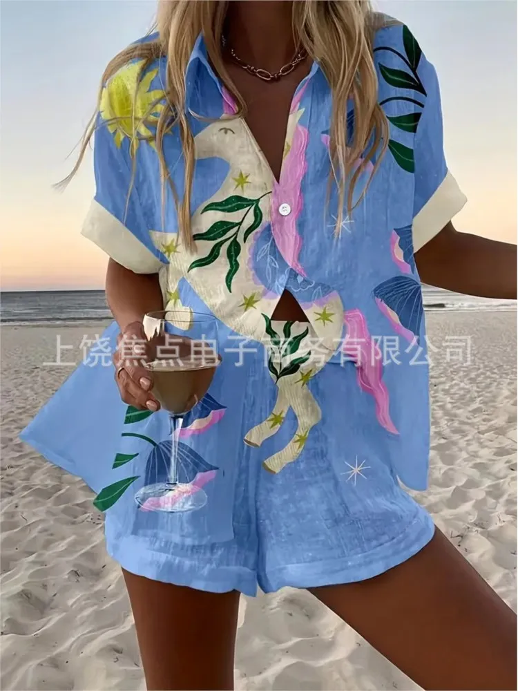 

Women Elegant Short Sleeve Shirt Top + Wide Legs Short Women's Two-Piece Outfit Summer Fashion Print Beach Holiday 2-Piece Set