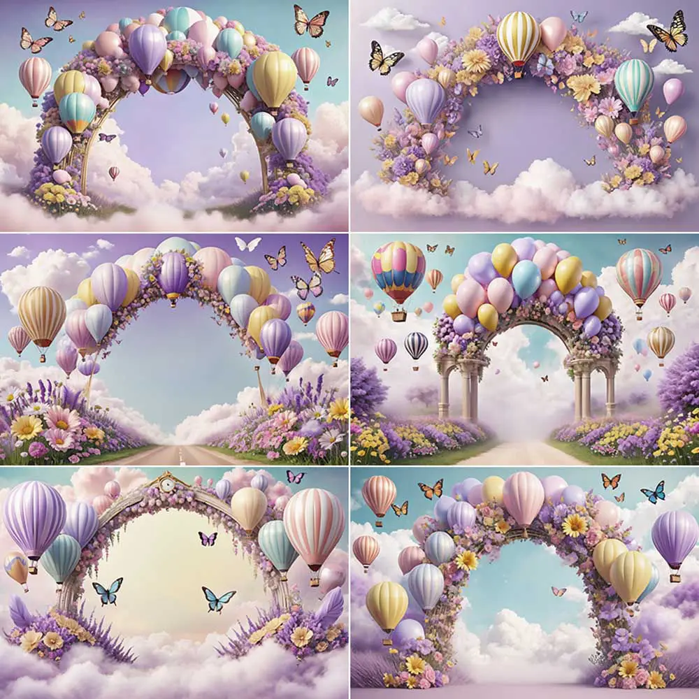 MOON.QG Butterfly Balloons Baby Photography Props Backdrop Birthday Party Photo Zone Studio Background Custom Purple Back Drop