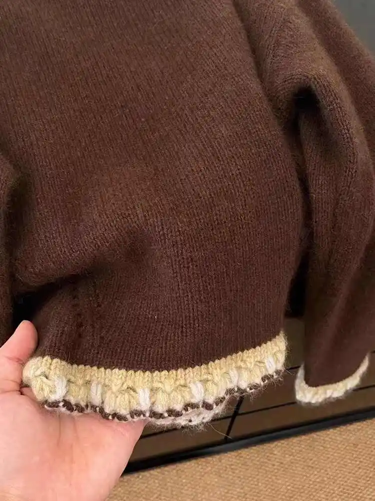 Jersey de retales marrón para mujer, suéter Harajuku Vintage coreano Y2k de manga larga con cuello redondo, suéter de gran tamaño, ropa de los años 2000