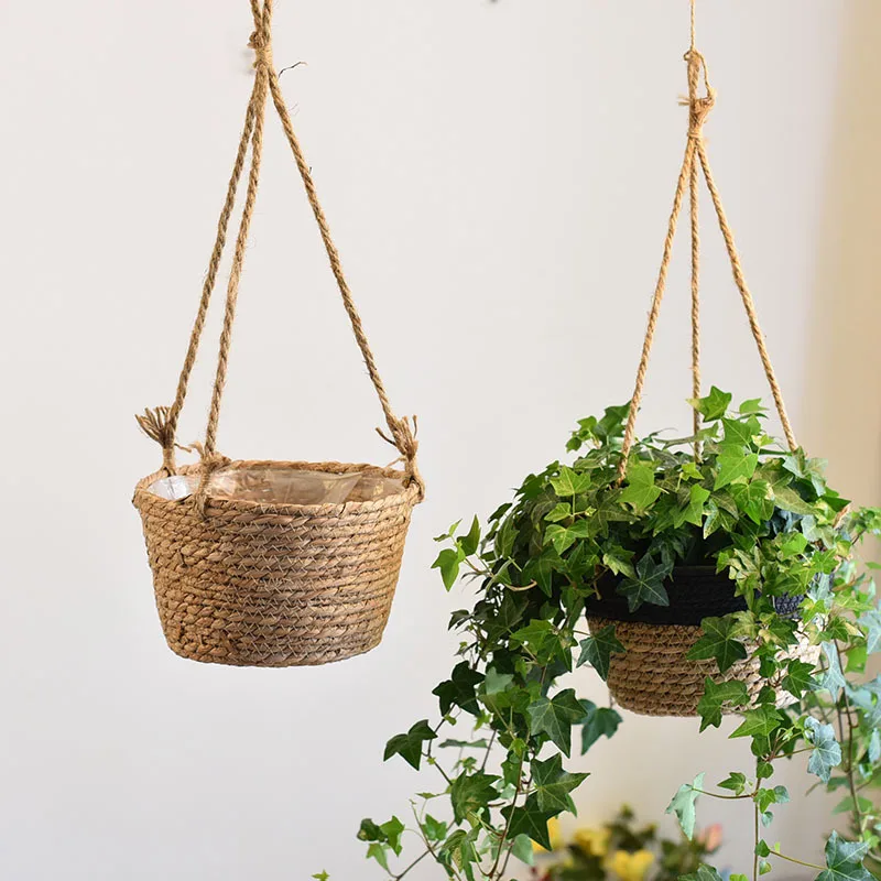 

Straw Woven Hanging Basket Flower Plant Flowerpot For Indoor Decoration Potted Plant Hanging Home Decor Housewarming Gift