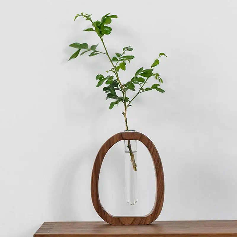 Florero de tubo de ensayo con soporte de madera, contenedor de vidrio hidropónico para interiores, decoración de oficina y hogar, planta acuática