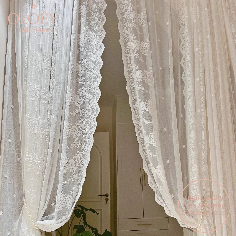 

French Sheer Lace Curtains for Girls Bedroom Romantic Retro White Net Curtains Balcony Vintage Floral Window Drapes Boho Chic
