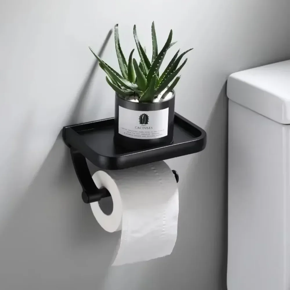 Bathroom Toilet Towel Paper Holder Phone Holder Wall Mount Paper Holder with Shelf Towel Rack Tissue Boxes Black