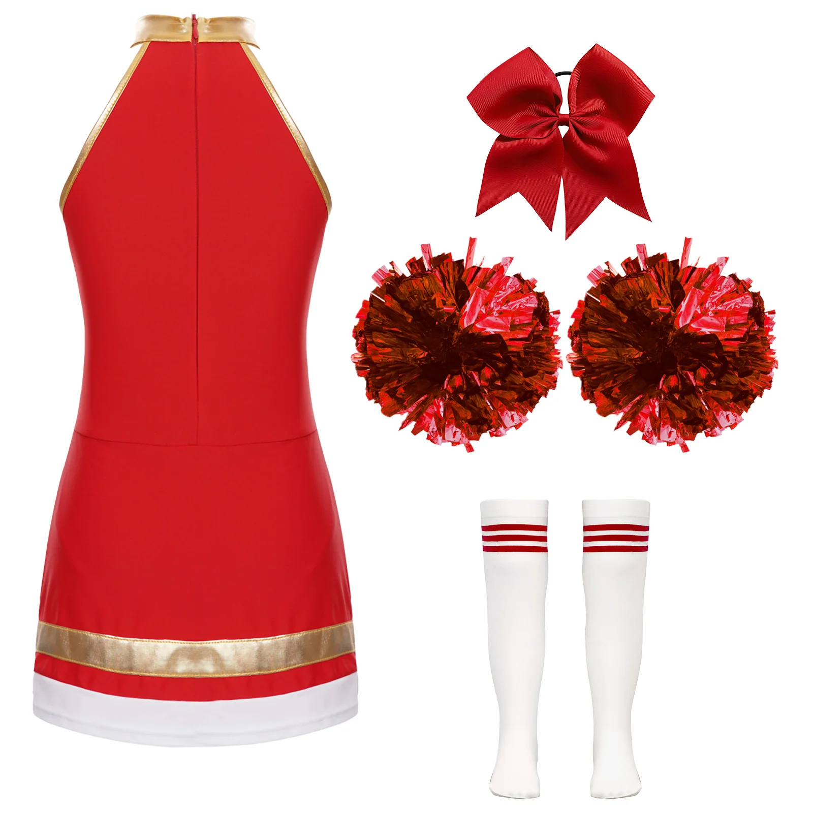 Kids Cheer Leader School Event Costume for Girls Sleeveless Cheer Dress Outfit with Pom Poms Socks for Cheerleading Dancing Wear