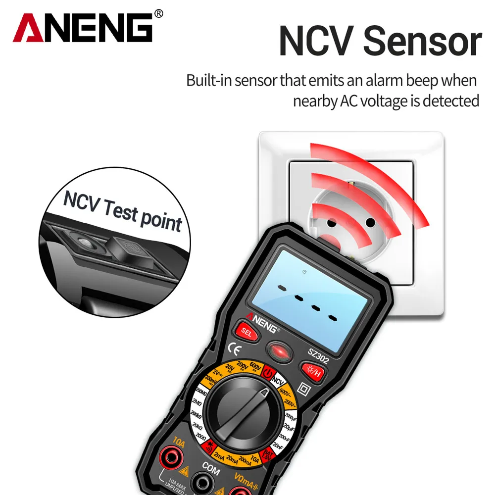 Imagem -02 - Aneng Sz302 Profissional Multímetro Digital Ncv Detector Tester Resistência Ohm Amperímetro Medidor de Capacitância ac dc Votage