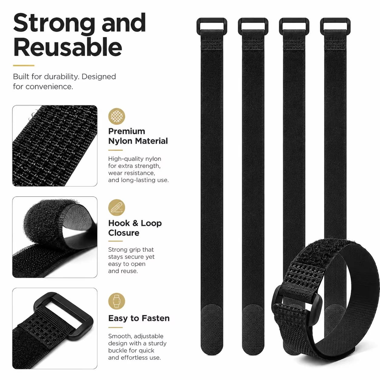 Black Reusable Nylon Hook and Loop Cable Ties Adjustable Cinch Straps Fasteners for Wire Cord Management Organization
