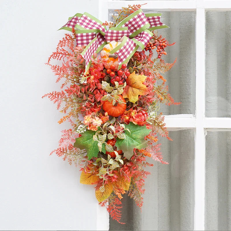 Bow Autumn Pumpkin Bell Custom Christmas Rattan Wreath Ornaments Decorations For Home Wall Door SD0041