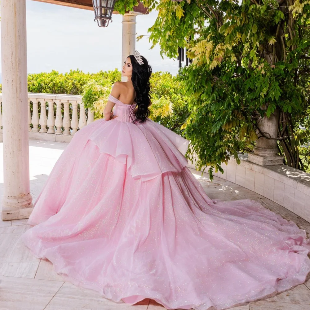 EVLAST-Robe de Quinceanera en ivoire personnalisée, robe de Rh, corset perlé à plusieurs niveaux, Sweet 16, SQ460