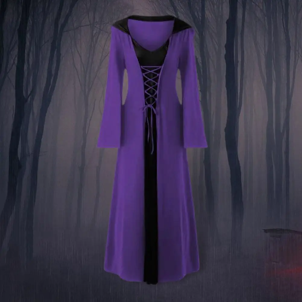 Kontrast farbenes Design Kleid dunklen Stil Halloween Hexen kostüm mit Schnür riemen Kapuze lange Horn ärmel Frauen für A-Linie