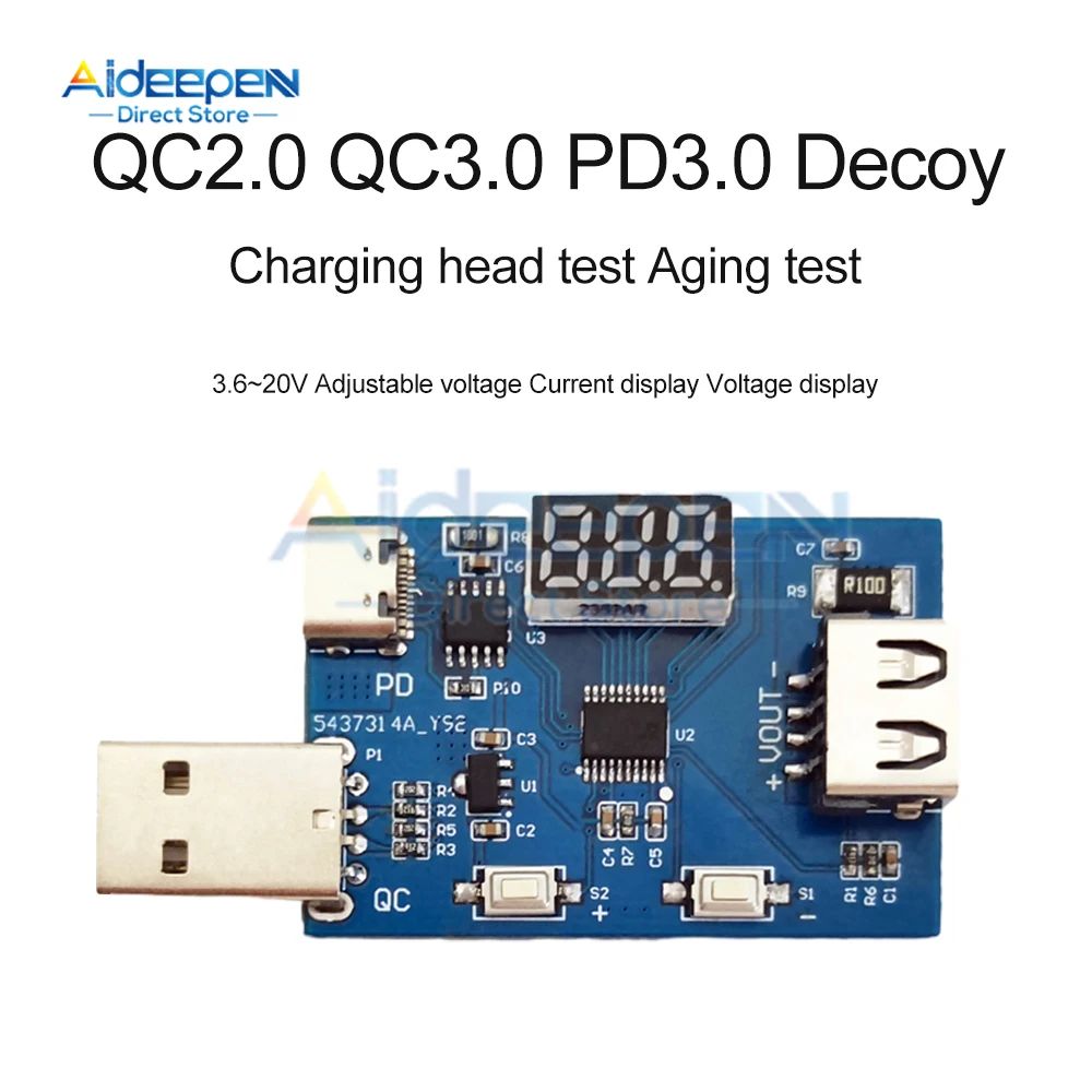

DC 3.6-20V 3A Adjustable Voltage Charging Head Aging Test Module QC2.0 QC3.0 PD3.0 Deception USB Type-A/Type-C Input