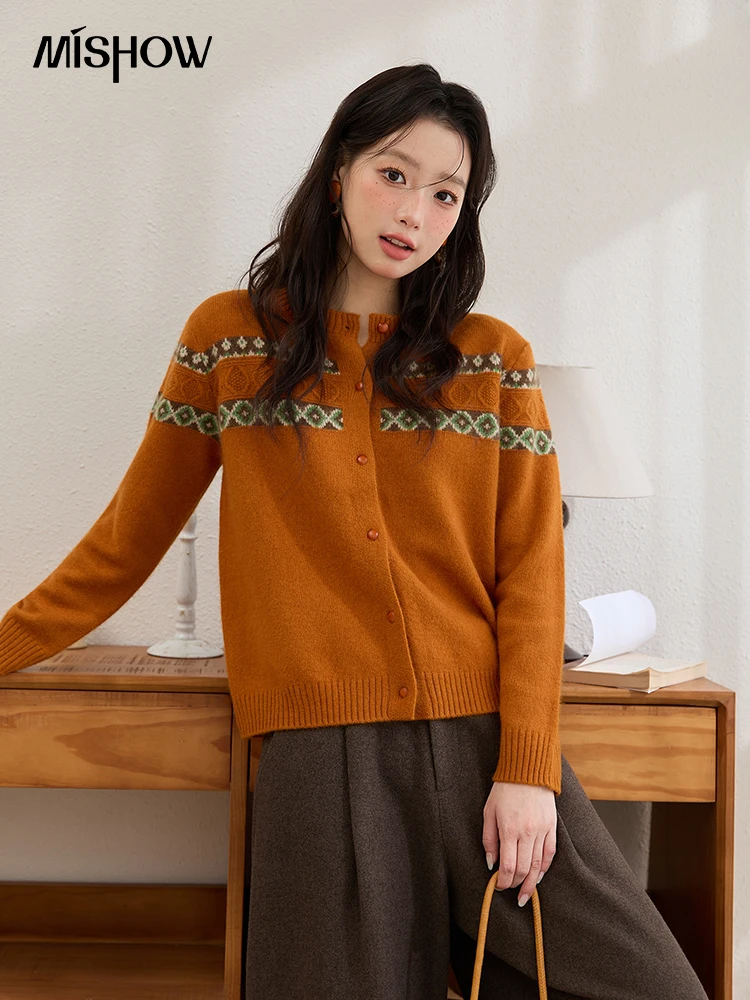 

MISHOW женский вязаный кардиган, осень 2022, новый ретро-стиль, жаккардовый свитер с круглым вырезом и геометрическим рисунком, свободный топ с длинными рукавами MXE51Z2703