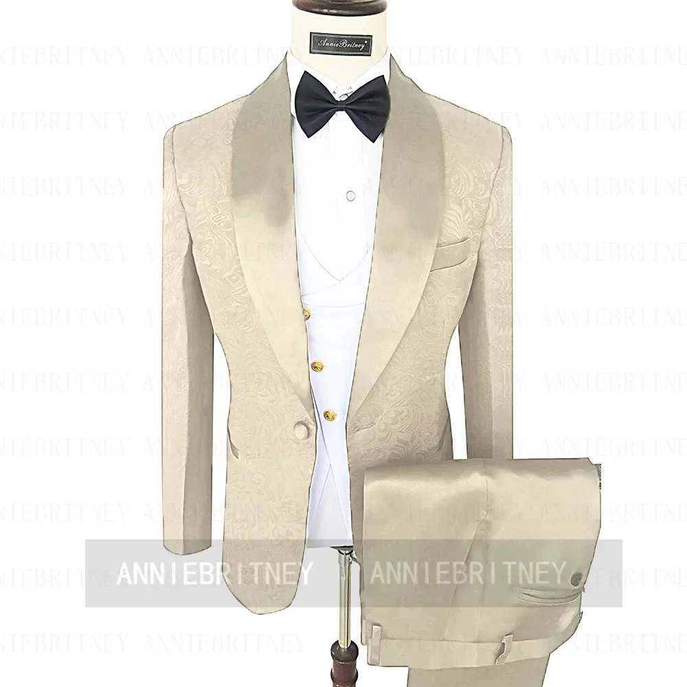 Luxury Yellow Jacquard Formal Wedding Elegant Men Suit Groom Tuxedo Prom Slim Fit Blazer High Quality Custom 2 Piece Set Costume