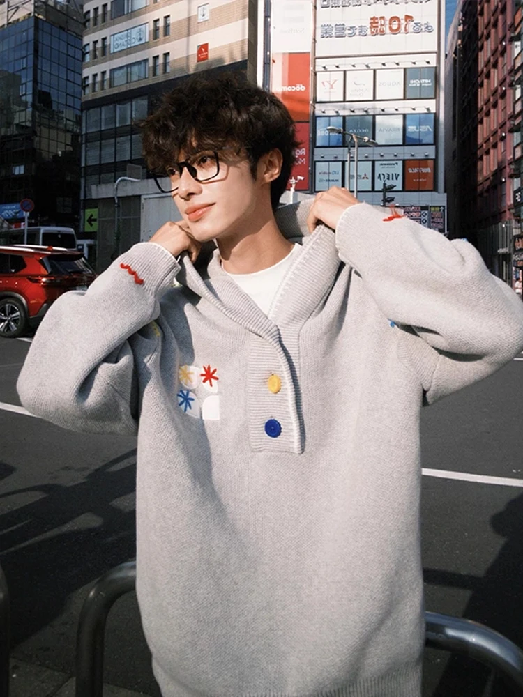 American Retro Hoodie Men's Autumn Casual Loose Comfortable Knitted Sweater Lazy Sle Outerwear Button Closure Long Sve