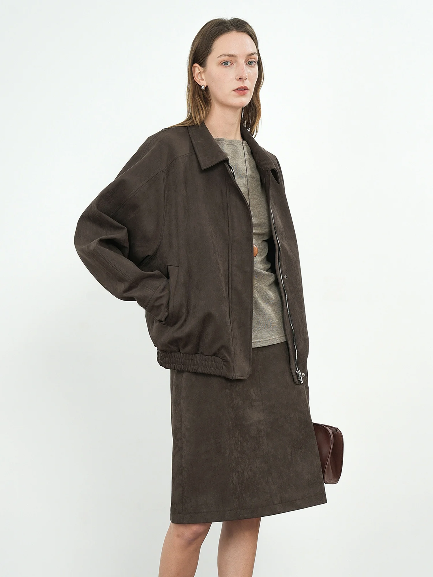 JWSZ Chaqueta Retro de Lujo con Cuello y Mangas Murciélago de Ante Mate para Mujer, Prenda Exterior de Alta Calidad con Mezcla de Poliéster y Spandex Antiarrugas