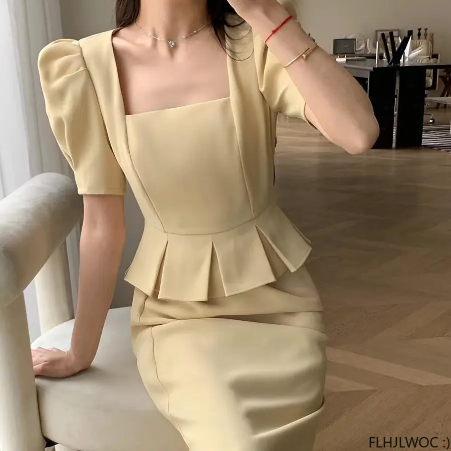 M-4XL Chic Elegant Annual Meeting Faux Two Ruffles Shirt Dress Women Solid Square Neck French Design Long Split Dresses Vestidos