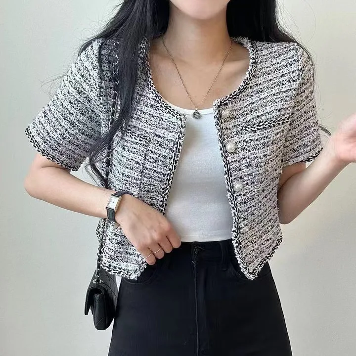 Żakiet tweedowy z frędzlami damski jesienny minimalistyczny zamszowy haftowany jednorzędowy prosty jedwabny miękki Harajuku prosty prążkowany bawełniany OL