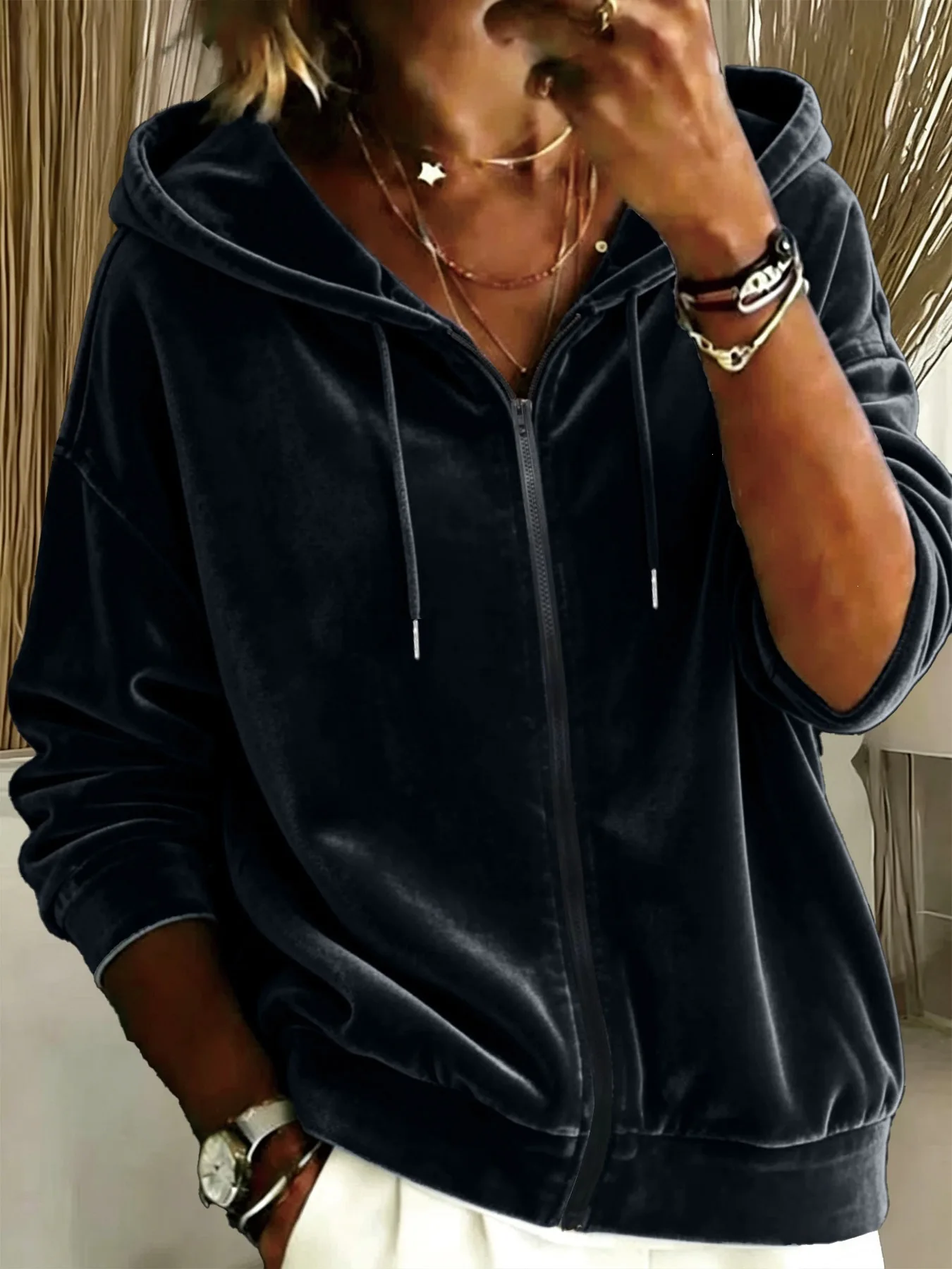 2026 Autumn Winter New Women Casual Solid Color Velvet Drawstring Hooded Zip‑Up Long Sleeve Hoodie