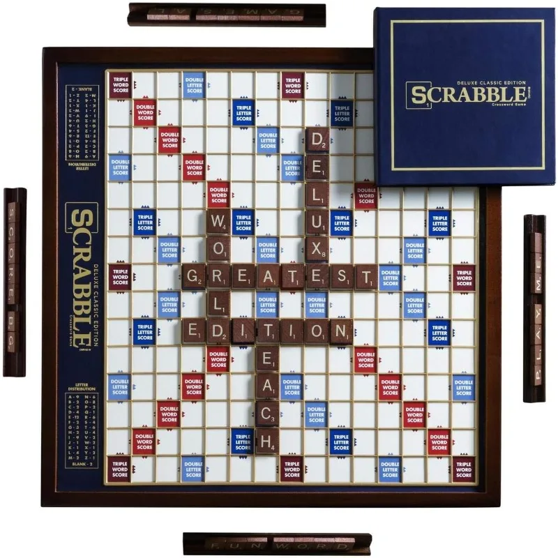 

Scrabble Deluxe Edition Board Game Featuring a Rotating Wooden Game Cabinet with Built-in Storage — for 2-4 Players (Ages 8+)
