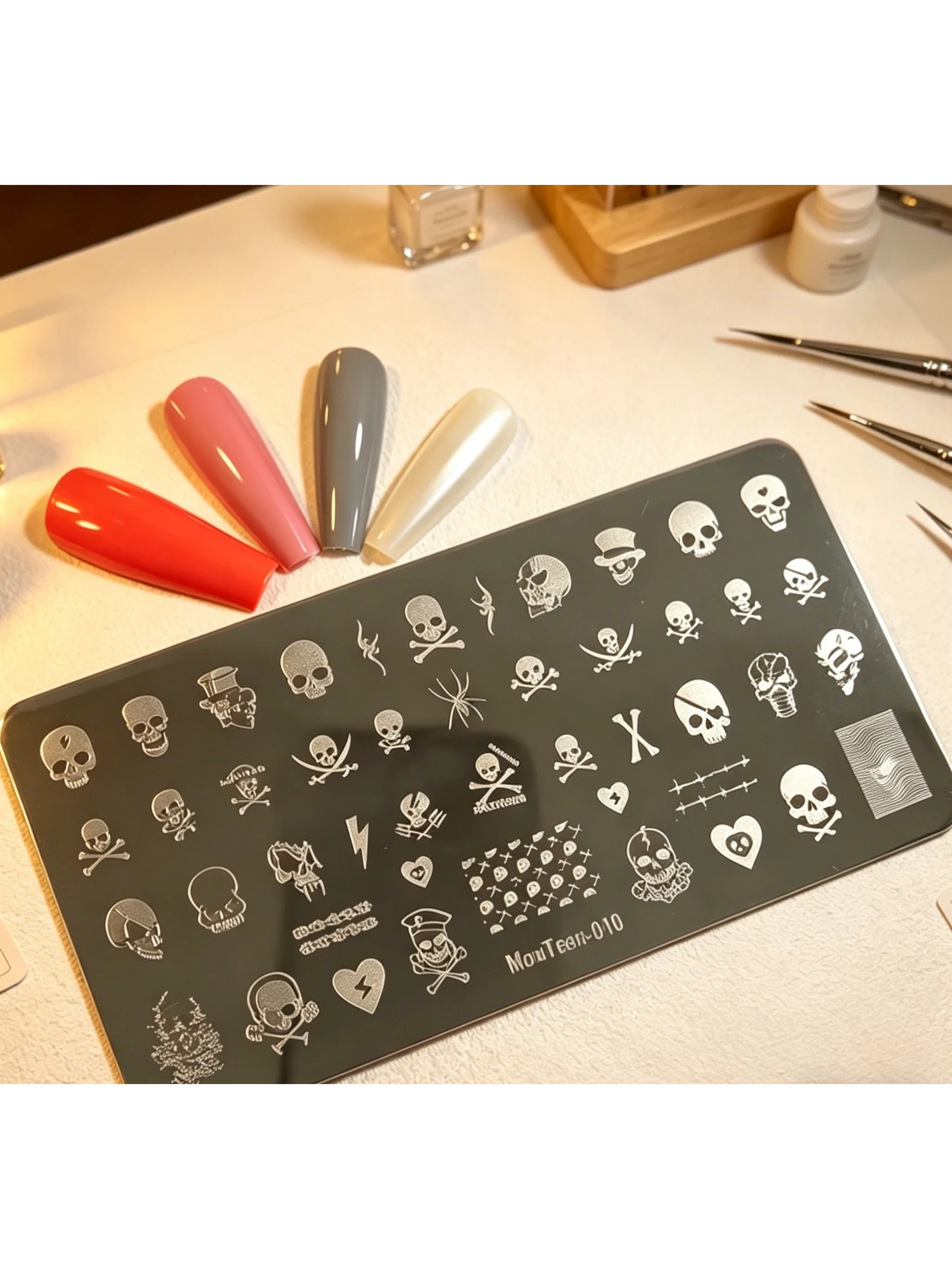 MouTeen010 Nail Stamping Plate Gothic Punk Skull Crossbones Pattern Nail Stamp Plates Cool Heart  Lightning Spider Design